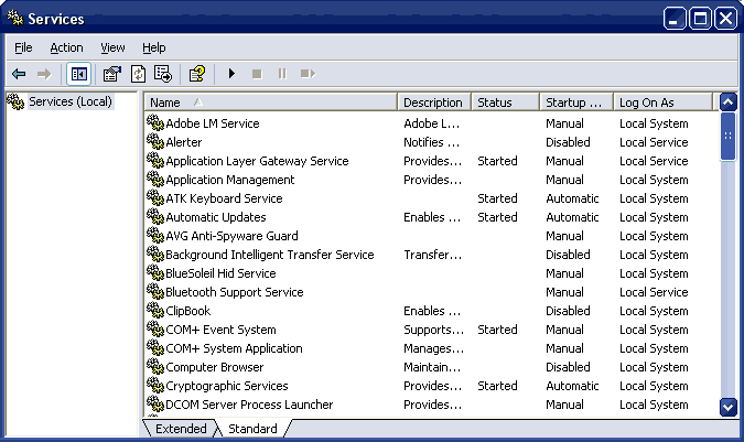 Список установленных на компьютере служб